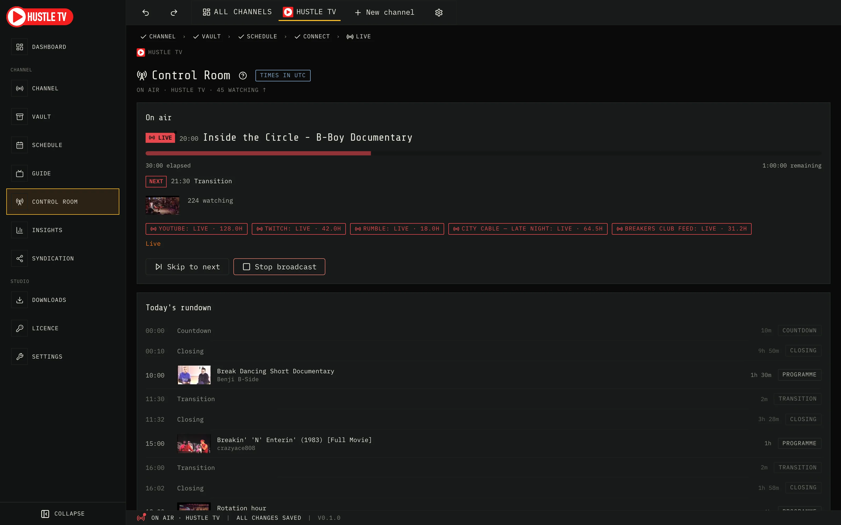 Hustle TV Control Room: this channel on air, with NOW and NEXT and live targets