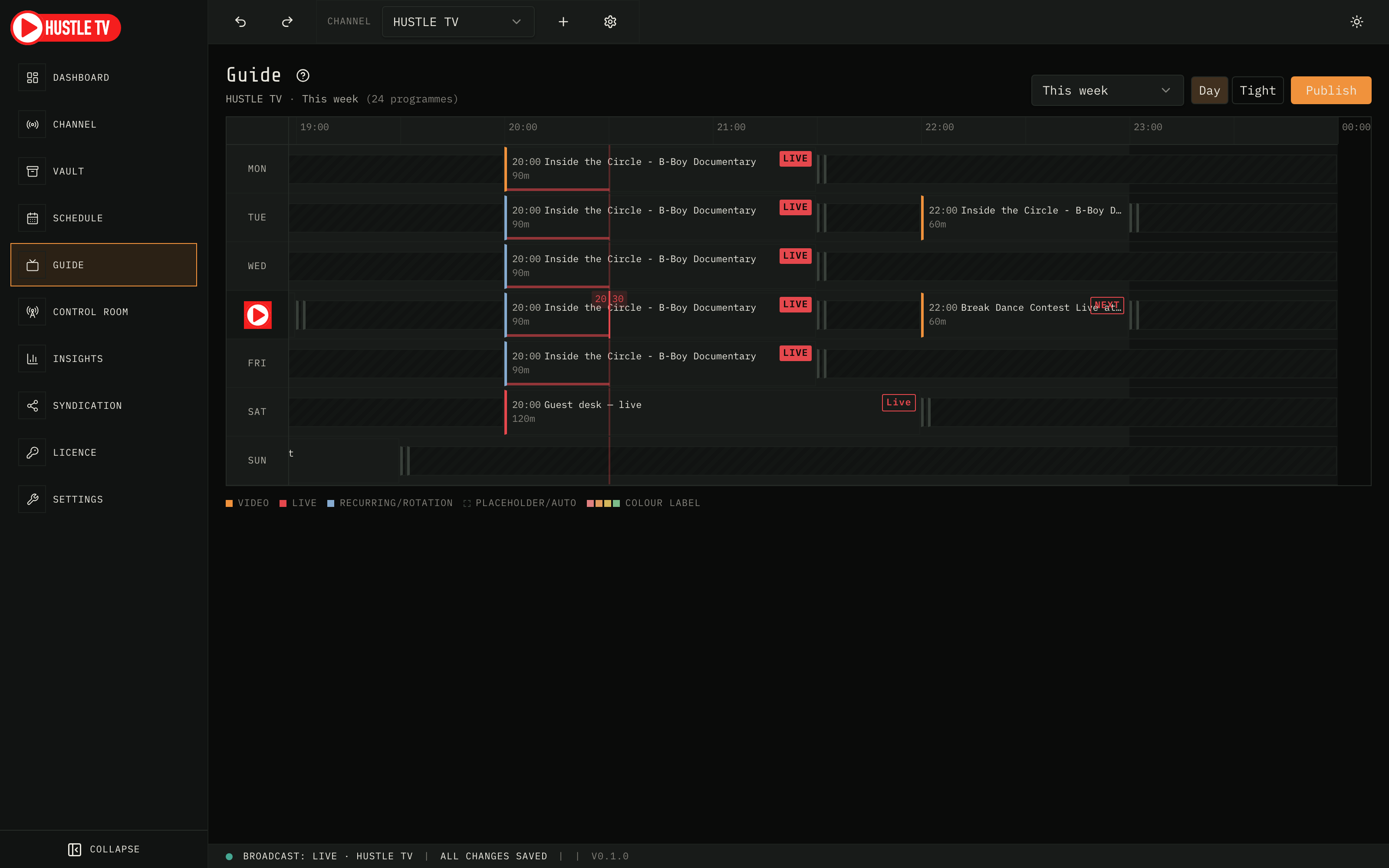 Hustle TV Guide view: weekly EPG with live now line during primetime