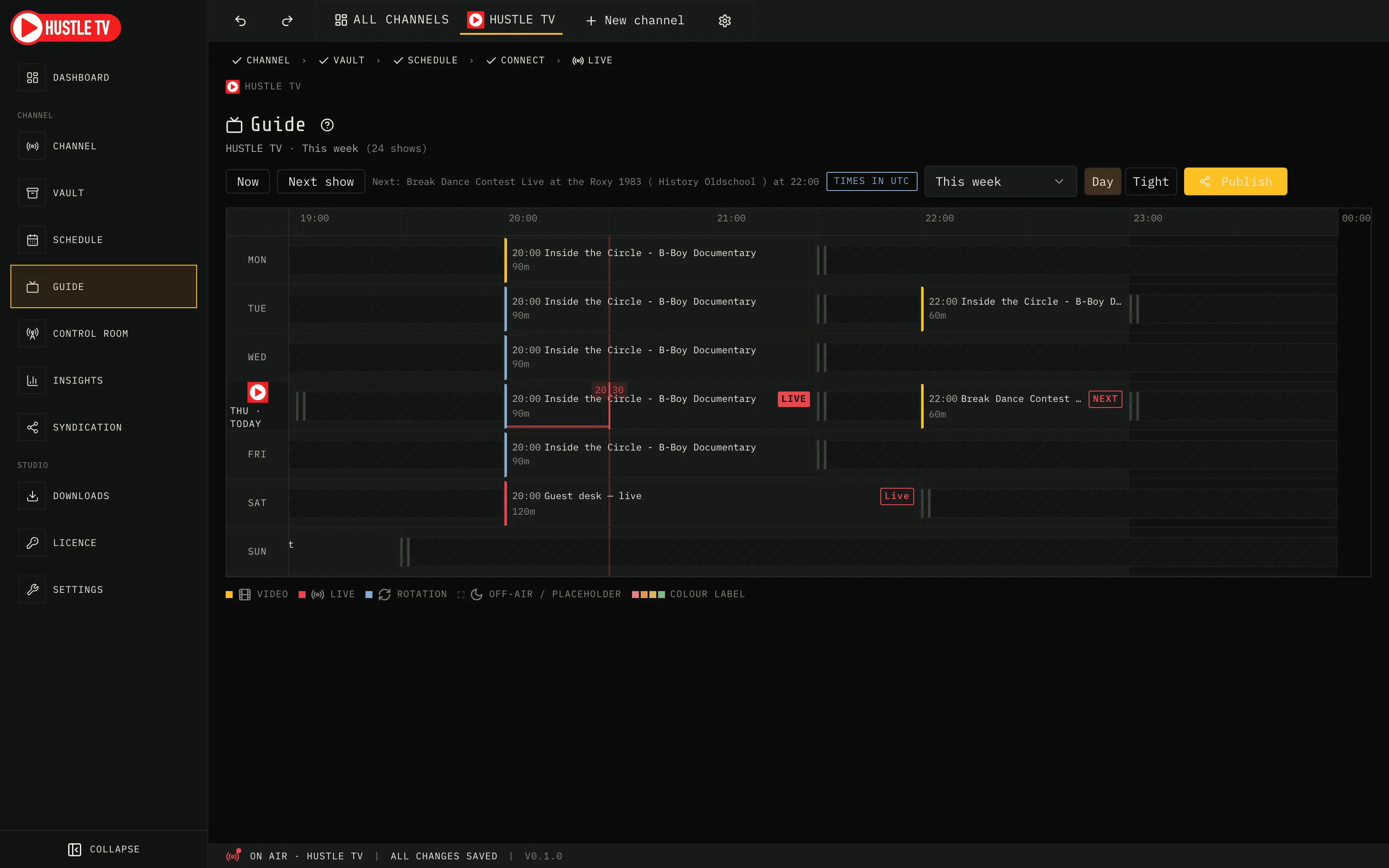 Hustle TV Guide: this channel's week as an EPG grid with the now-line, one show live and the next named in the header