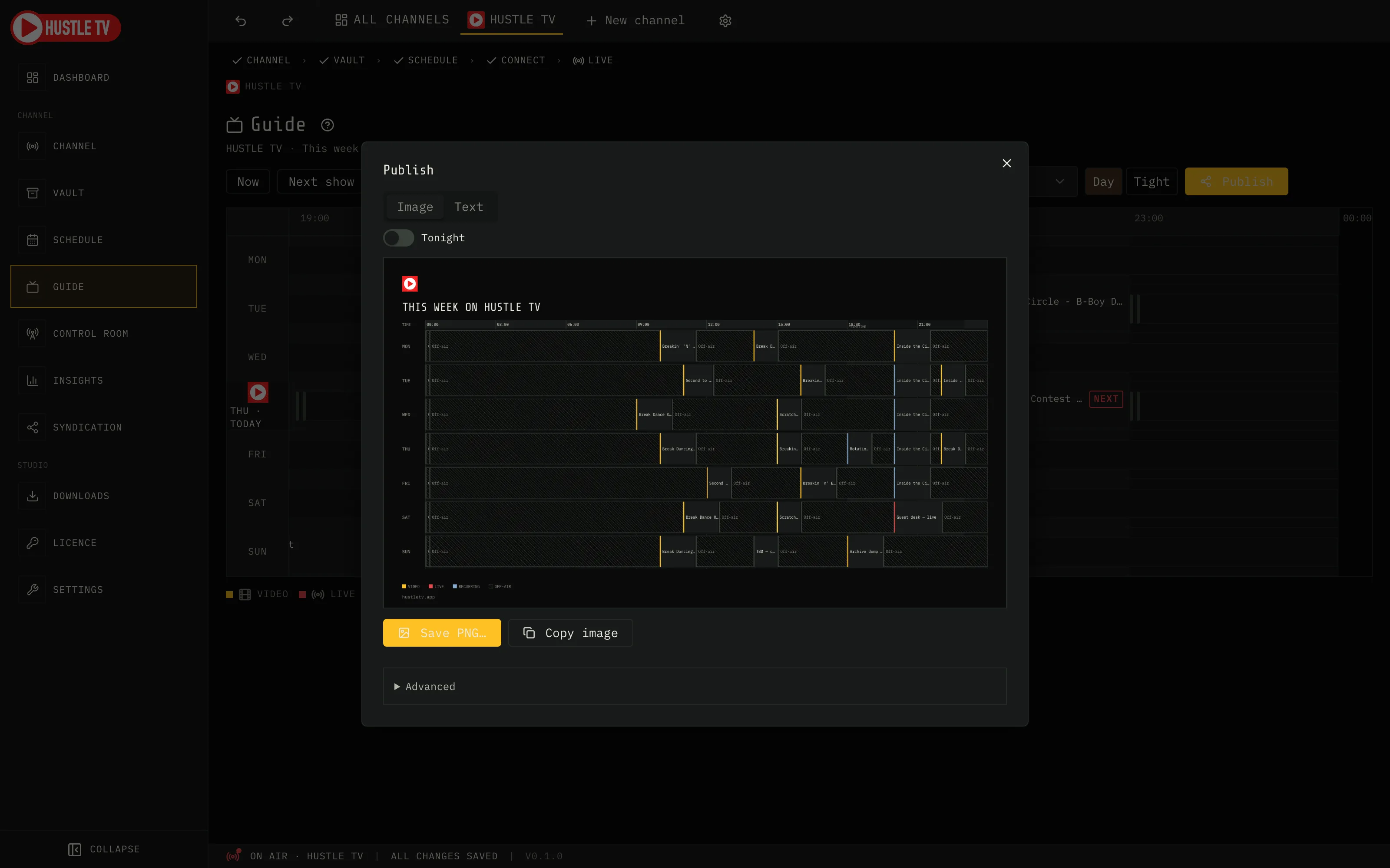 Hustle TV Publish dialog: this channel's week card with Save PNG and Copy image