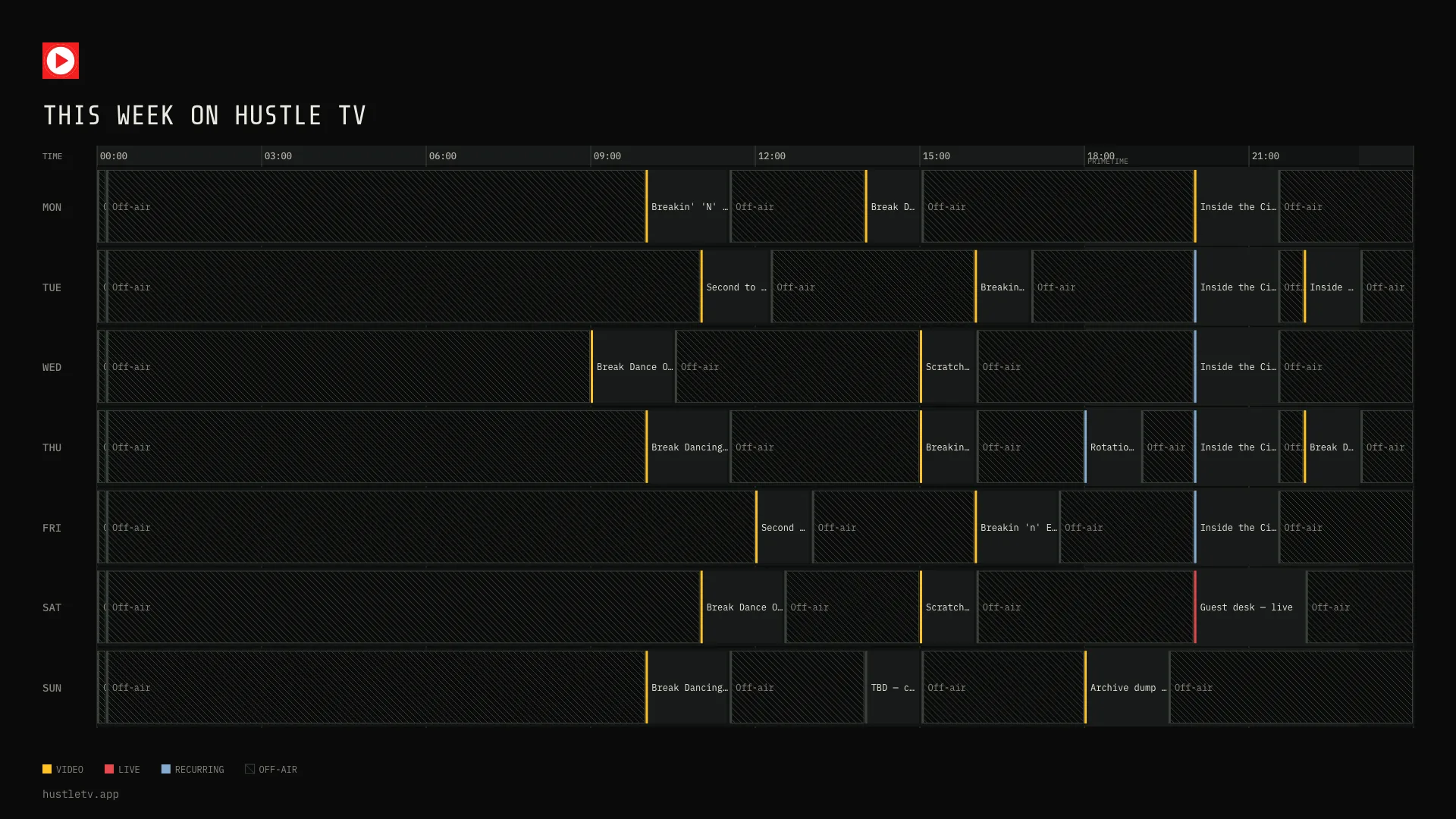 Exported Hustle TV week card for one channel: seven day rows with hatched off-air periods