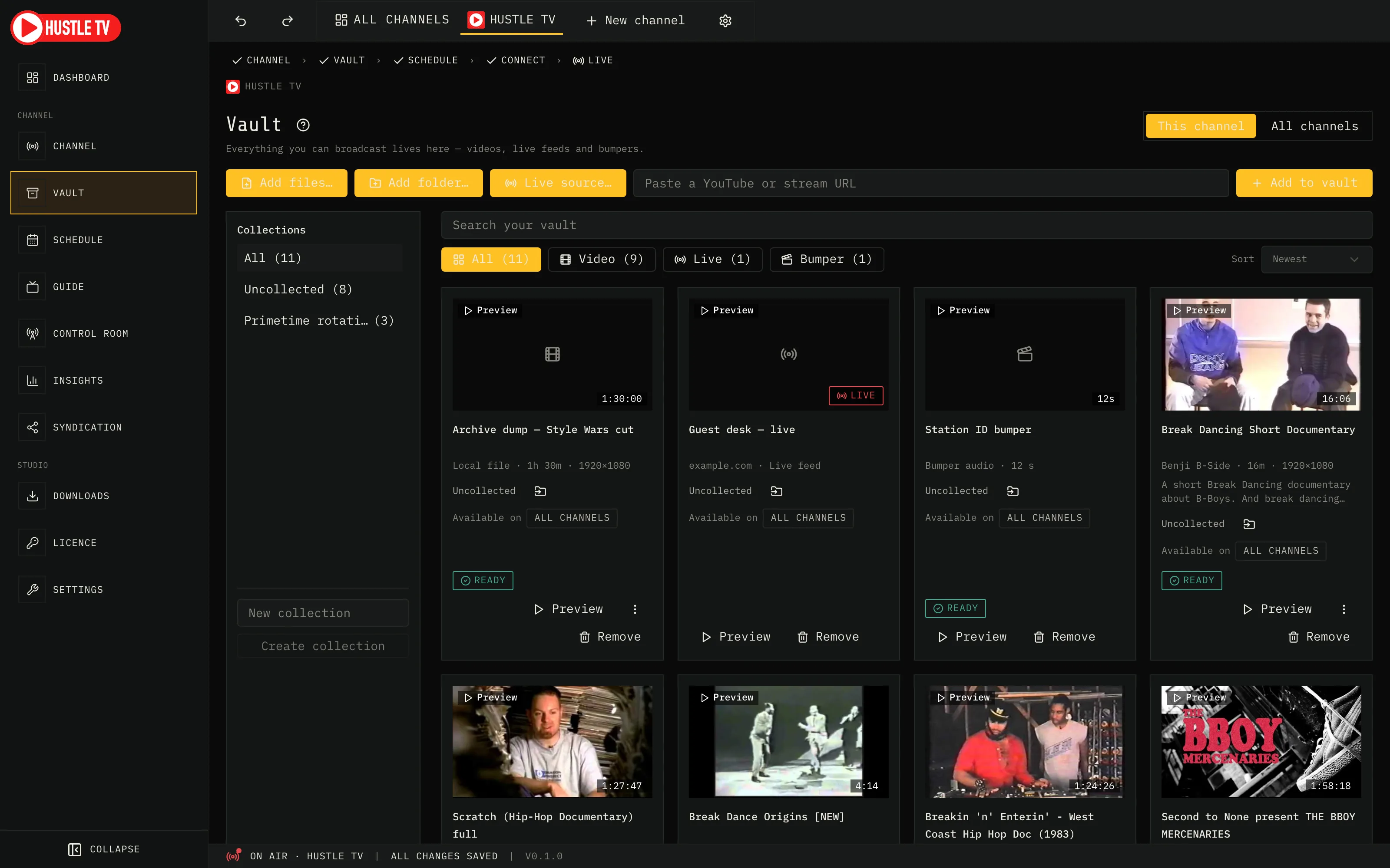 Hustle TV Vault: media library scoped to this channel, with an All channels toggle